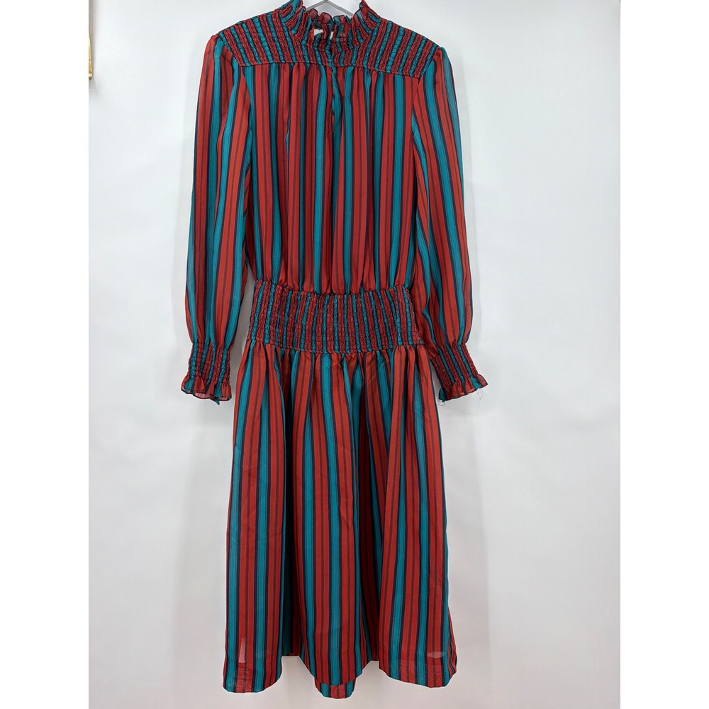 Vintage Ann Hobbs Ltd Striped Smocked Midi Dress Red Teal Union USA Modest